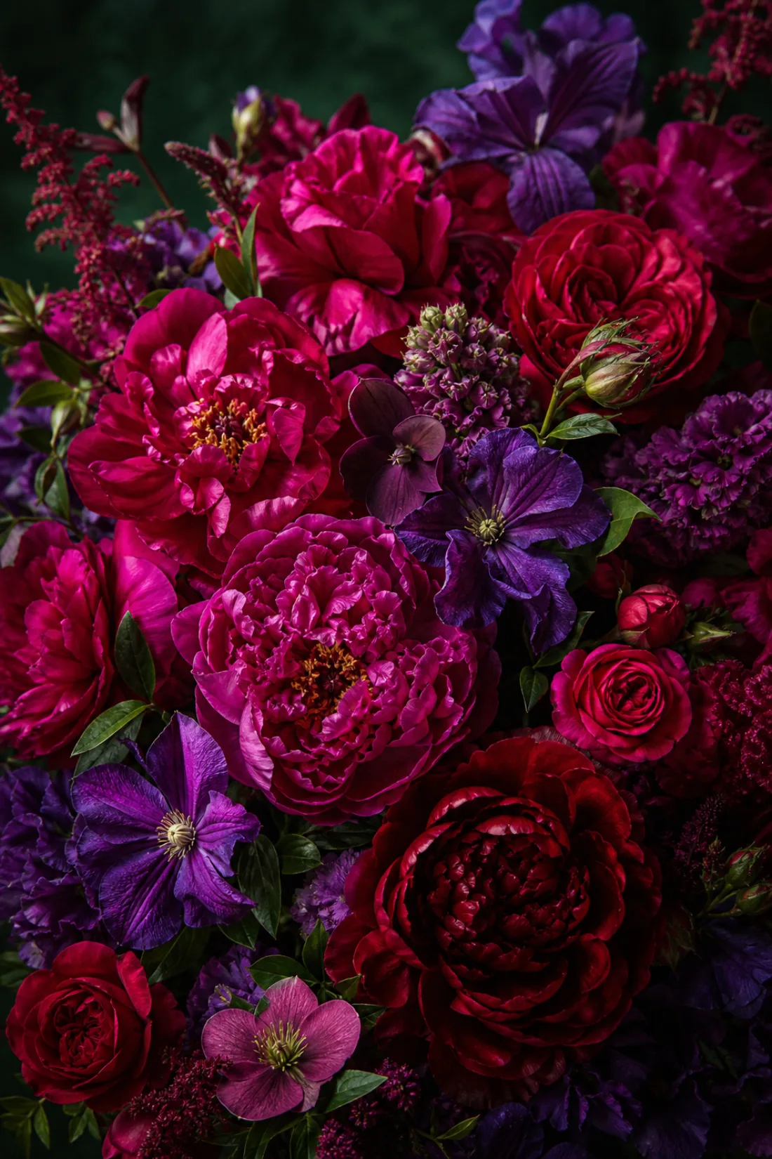 Fuchsia, ruby and violet blooms packed close together