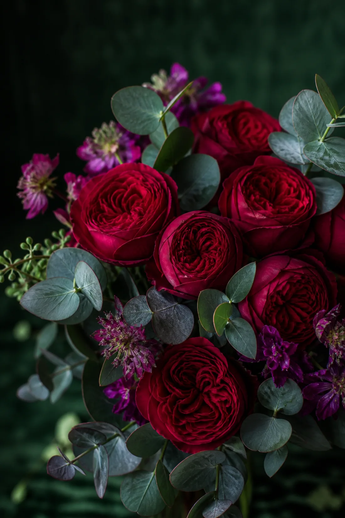 Ruby Heart arrangement with deep crimson blooms and rich green foliage