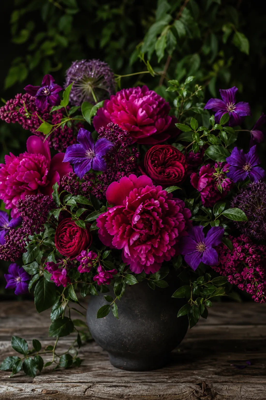 A lush arrangement of fuchsia and deep-purple blooms with dark green foliage